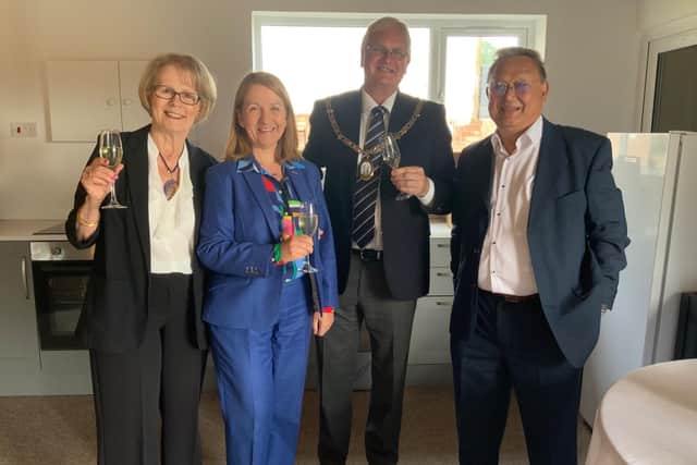 The Haywards Heath town mayor and consort with Sussex PCC Katy Bourne and Barry Tay, owner of the Bluebell
Vineyard Estate at the Charity Cheese and Wine Tasting Evening