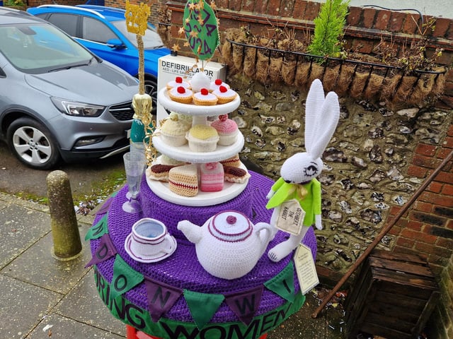 A stunning afternoon tea made from crochet has been formed into a post box topper to celebrate the 50th anniversary of Findon Village WI