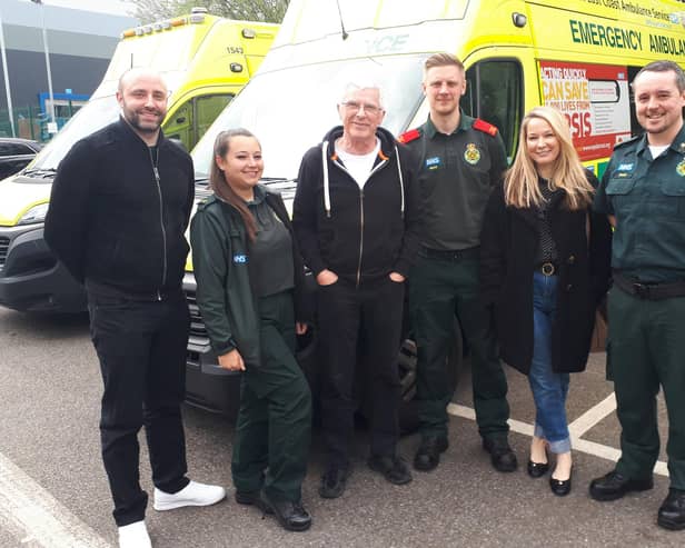 Retired health and safety officer, Dave Mortimer, third from left, visited South East Coast Ambulance Service’s Make Ready Centre in Crawley to pass on his thanks in person for the team’s effort. Picture courtesy of SECAmb