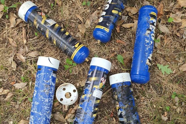 Mid Sussex Police posted these photos on Twitter on Saturday, September 3, saying that empty nitrous oxide canisters had been found in Crawley Down