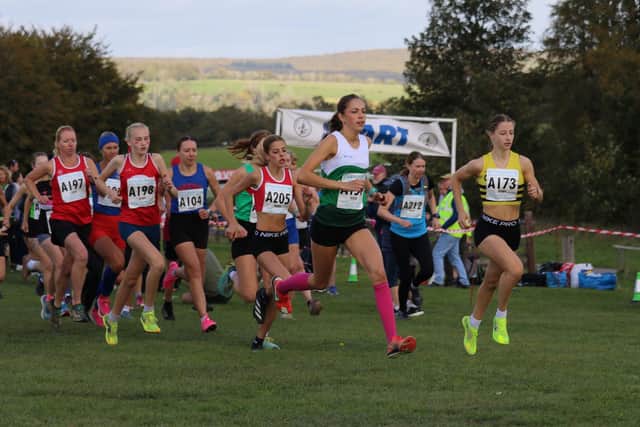 Edlodie Hill leads the way for Chichester's women's team, who won at the Sussex cross-country relays | Ian Luxford