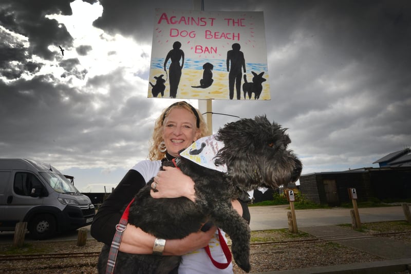 Protest against the dog beach ban in Hastings Old Town on April 20 2024. Organiser of the event Anne Pottle.