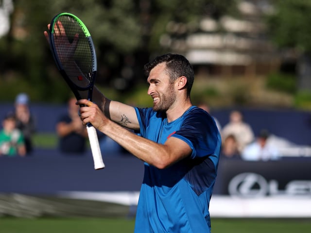 Giles Hussey of Great Britain celebrates after winning his mens singles qualifying match against Arthur Cazaux of France on day one of the Rothesay International Eastbourne at Devonshire Park (Photo by Charlie Crowhurst/Getty Images for LTA) : Qualifiers at Eastbourne's Rothesay International