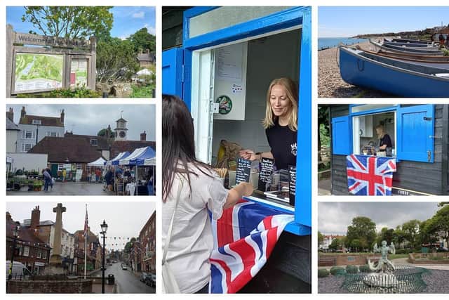 Top to bottom left: within the Walled Garden at Tilgate Park, Crawley, a Farmer’s Market in the car park off High Street, Steyning, and Arundel High Street. Top to bottom, right, Selsey’s East Beach; the kiosk on Cuckfield Recreation Ground, and Steyne Gardens, Worthing. Central picture: trading in action at the kiosk on Cuckfield Recreation Ground.