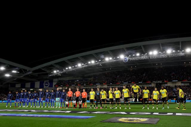 Both teams line up prior to the UEFA Europa League 2023/24 group stage match between Brighton & Hove Albion and AEK Athens FC at American Express Community Stadium | Photo by Alex Pantling/Getty Images