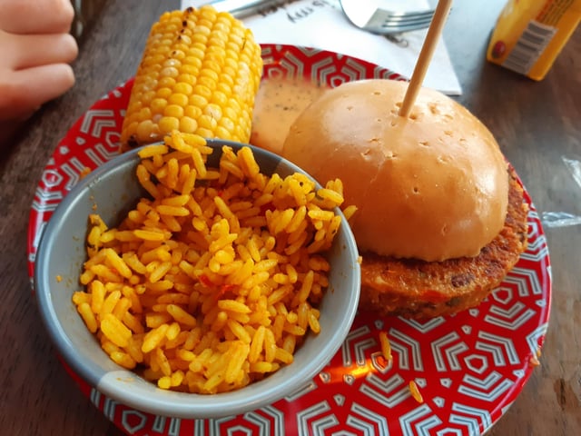 Nandino's beanie patty, spicy rice and corn