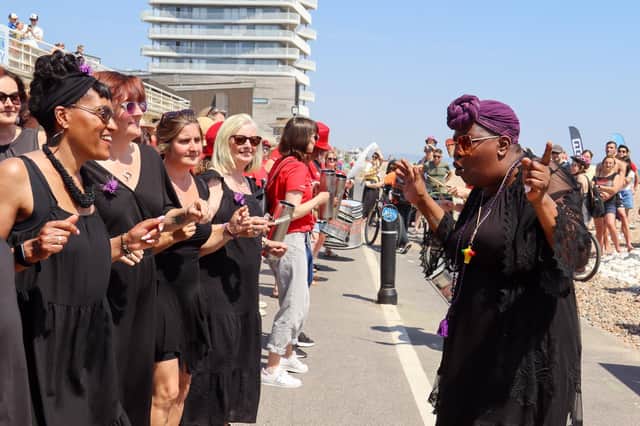Drumheads and the Spring into Soul Choir brought their samba show to the town on the promenade