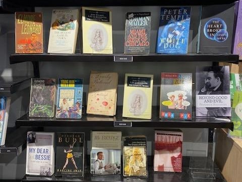 The display of Nick Cave's books at the Oxfam shop