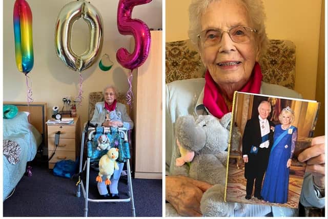 Jeannette Wishart celebrating her 105th birthday in May, including a card from the King and Queen and birthday balloons