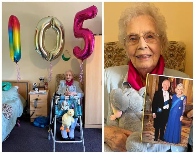 Jeannette Wishart celebrating her 105th birthday in May, including a card from the King and Queen and birthday balloons