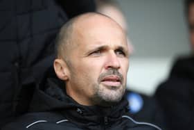 STOCKPORT, ENGLAND - NOVEMBER 18:   Colchester United Manager Matthew Etherington during the Sky Bet League Two match between Stockport County and Colchester United at Edgeley Park on November 18, 2023 in Stockport, England. (Photo by Ben Roberts Photo/Getty Images)