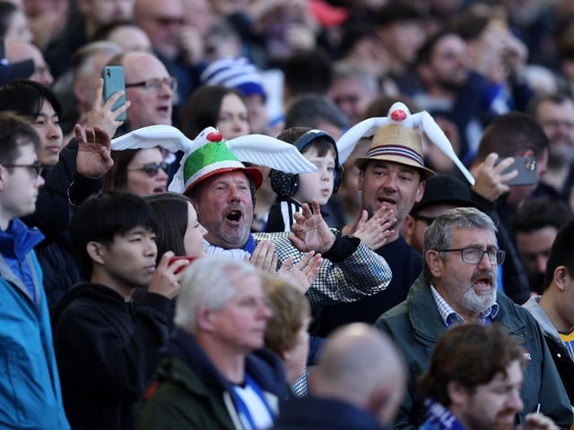 BRIGHTON, ENGLAND - NOVEMBER 13: Brighton fans wearing seagull hats during the Premier League match between Brighton & Hove Albion and Aston Villa at American Express Community Stadium on November 13, 2022 in Brighton, England. (Photo by Christopher Lee/Getty Images)