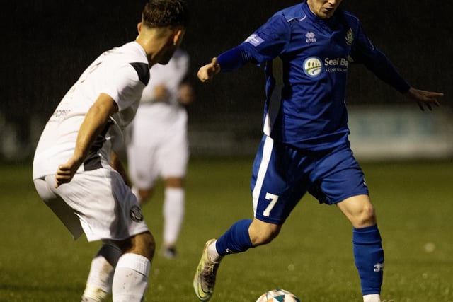 Selsey's Shane Brazil in action against Roffey:Selsey v Roffey action in SCFL Division 1