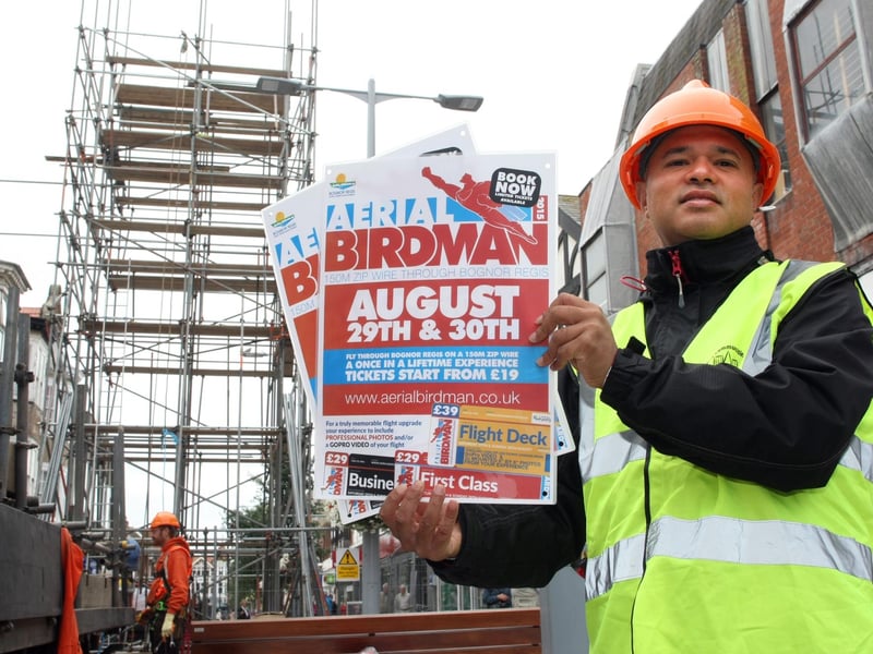 Toyubur Rahman with the scaffolding being built for Aerial Birdman in Bognor Regis