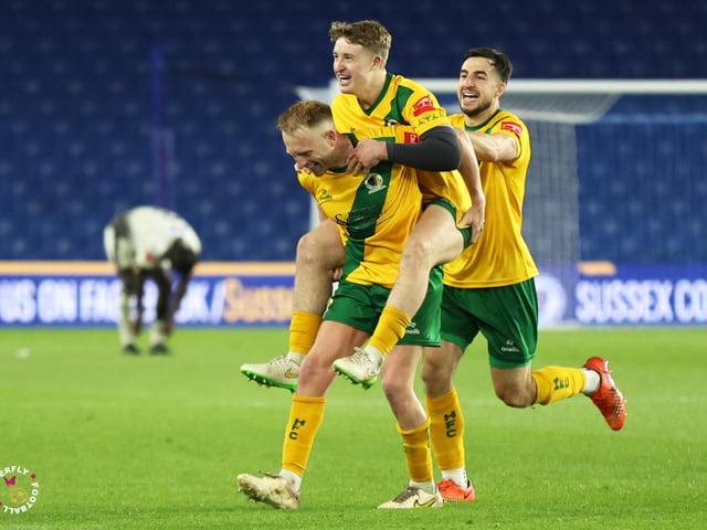 James Hammond’s majestic 95th minute free-kick clinched Horsham FC’s first league and Sussex Senior Cup double in the club’s history.