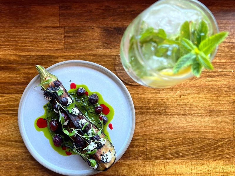 Hove Food Trail at Fourth and Church - Roast aubergine Labneh cheese, cultured blueberries, green harissa and black sesame, with a Manzanilla and mint sprtiz