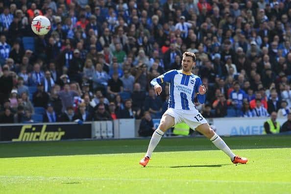 Pascal Gross of Brighton & Hove Albion scores the second goal against Wolves