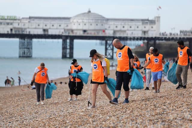 The group spent the day cleaning up small plastics from the beach
