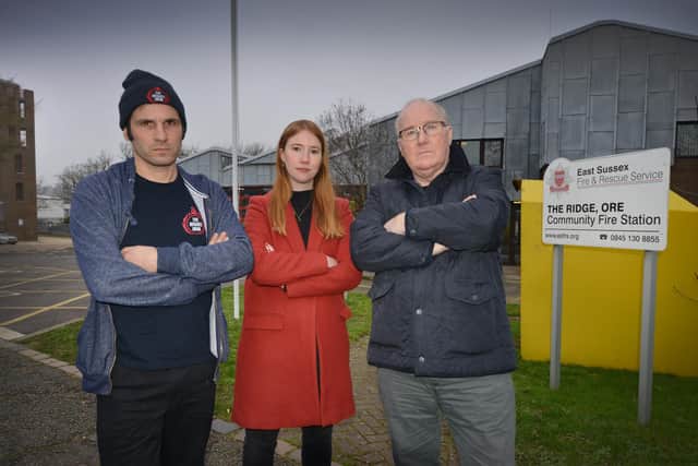 Save The Ridge Fire Station in Hastings: L-R Leo Cacciatore, FBU representative at Bohemia Road Fire Station; Helena Dollimore, Labour's Candidate for Hastings and Rye, and Councillor Phil Scott