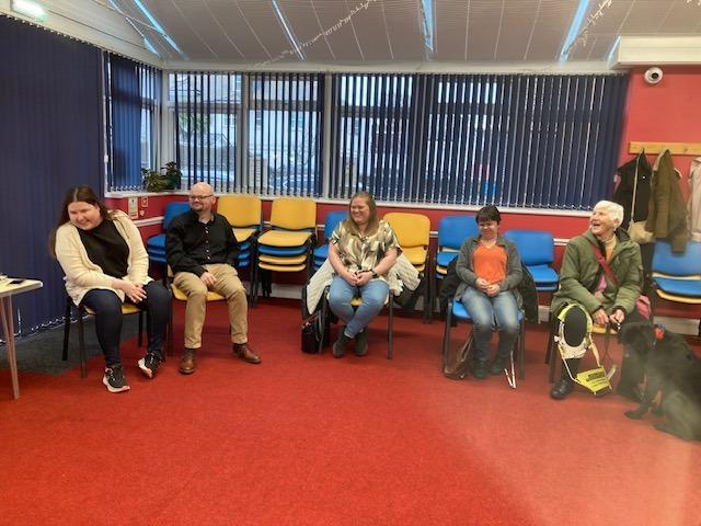 Comedians Chris McCausland and Jon Long with Sight Support Worthing volunteers and members at the charity's centre in Rowlands Road
