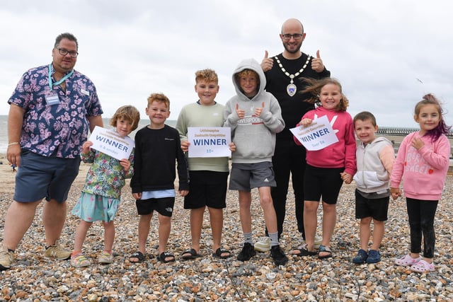 The Littlehampton Sandcastle Competition 2023 winners with councillor Billy Blanchard-Cooper, left, and mayor Freddie Tandy
