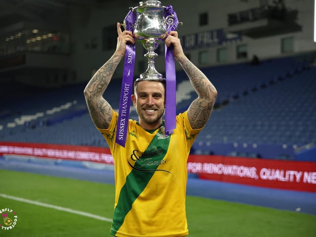 James Hammond’s majestic 95th minute free-kick clinched Horsham FC’s first league and Sussex Senior Cup double in the club’s history.
