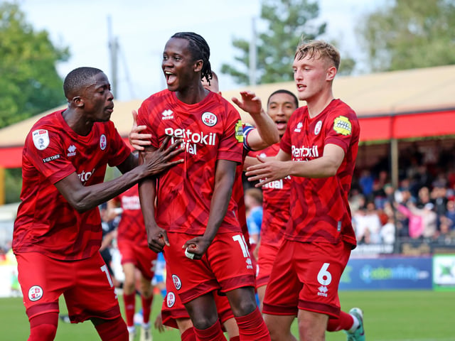 Crawley's Armando Quitirna equalises from the penalty spot and celebrates : Crawley Town drew 1-1 with Stockport County in their League One encounter at the Broadfield Stadium. Stephen Lawrence/Telephoto Images was there to catch the action