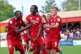 Crawley's Armando Quitirna equalises from the penalty spot and celebrates : Crawley Town drew 1-1 with Stockport County in their League One encounter at the Broadfield Stadium. Stephen Lawrence/Telephoto Images was there to catch the action