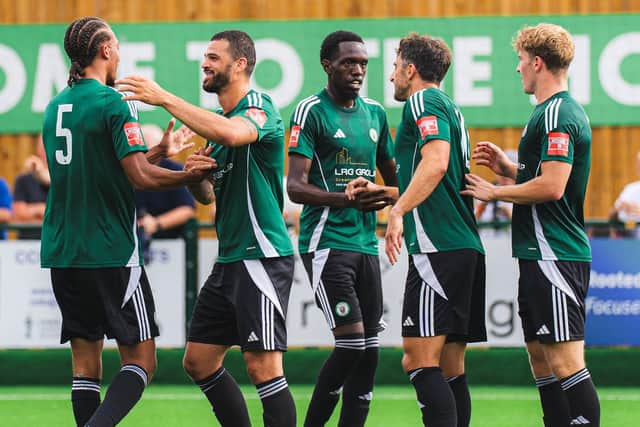 The Hillians celebrate the opening goal against Leatherhead | Picture: George Rawlinson