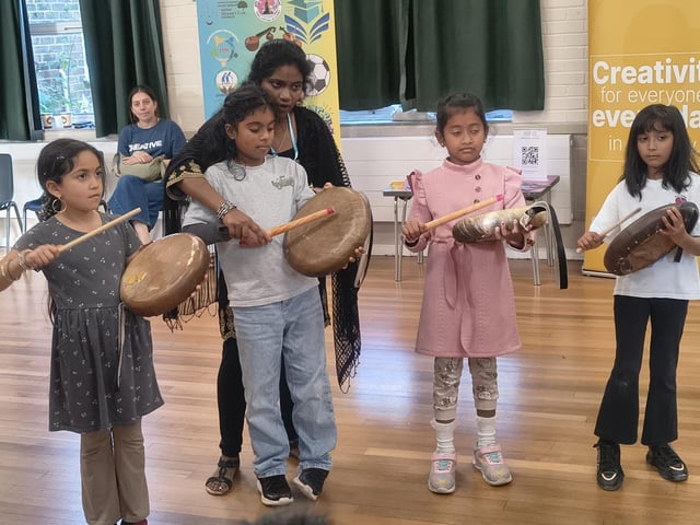 Children and adults came together in Crawley to discover the powerful rhythms of Parai, a traditional Tamil drumming art form, at a community workshop organised by Aurvi Collective
