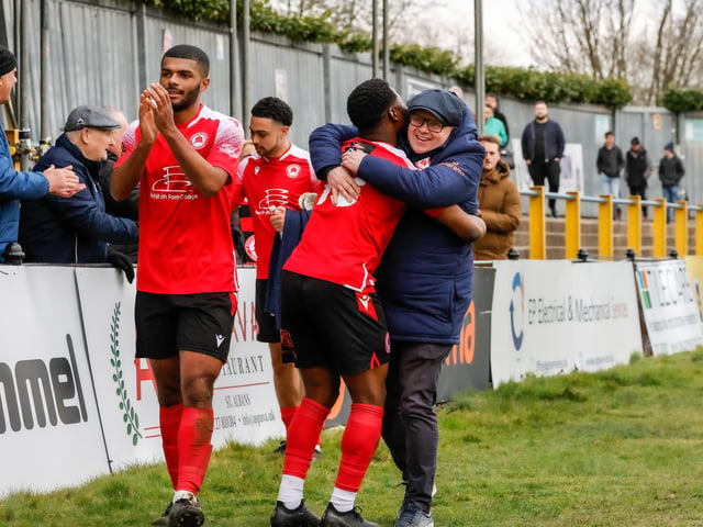 Eastbourne Borough recovered from 2-1 down at half-time to win 3-2 at St Albans City. Picture by Lydia Redman