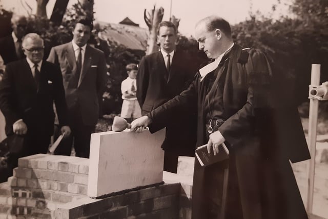 Laying the foundation stone at St Andrew's United Reformed Church in 1960
