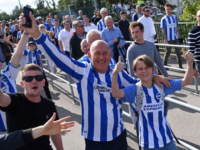 Brighton fans arrive for their first Premier league game against Manchester City on August 12, 2017.