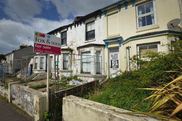 A row of empty houses in Harold Road, Hastings, pictured on April 16 2024.