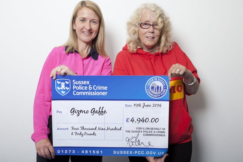 Pat Fisher from GIZMO receiving funding from Sussex Police & Crime Commissioner, Katy Bourne. Picture taken in 2014