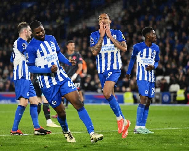 BRIGHTON, ENGLAND - APRIL 25: Joao Pedro of Brighton & Hove Albion (2R) reacts after a having a shot blocked during the Premier League match between Brighton & Hove Albion and Manchester City at American Express Community Stadium on April 25, 2024 in Brighton, England. (Photo by Mike Hewitt/Getty Images)