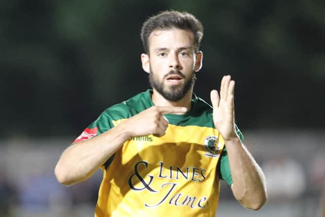 Lucas Rodrigues celebrates netting Horsham's winner in Tuesday evening's FA Cup first qualifying round replay against Leatherhead. Pictures by John Lines