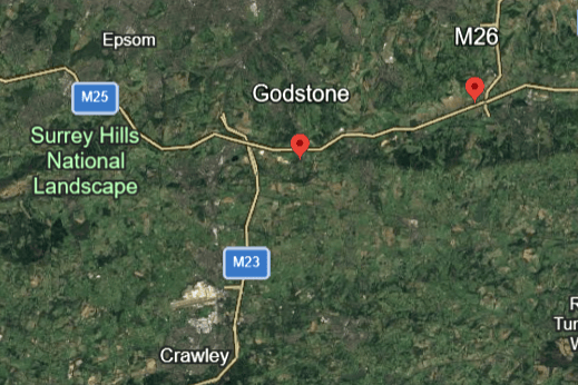 A skip lorry caught fire, near Godstone, around 3.15pm on Thursday (March 5). Photo: Google Earth