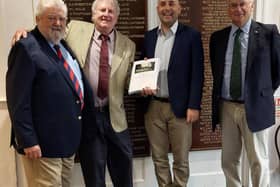 Left to right: Mr Hamish Robertson-Nicol; Mr Peter King Smith (house-history researcher); Mr Craig Austen-White (headmaster); Brigadier Andrew Pillar OBE (Falklands War hero).