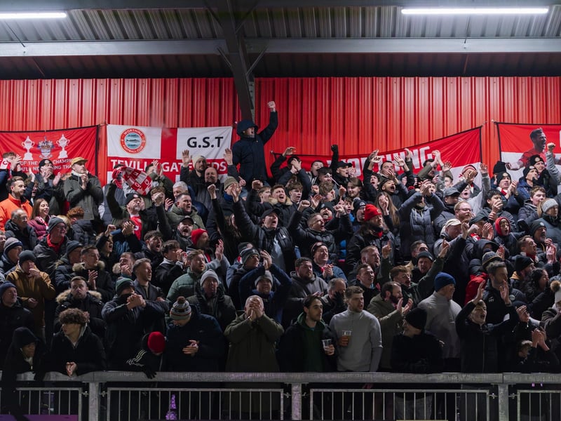 Fans of Worthing FC celebrate the win against Dorking Wanderers in the Enterprise National League South at Sussex Transport Community Stadium : Worthing v Dorking Wanderers, National League South