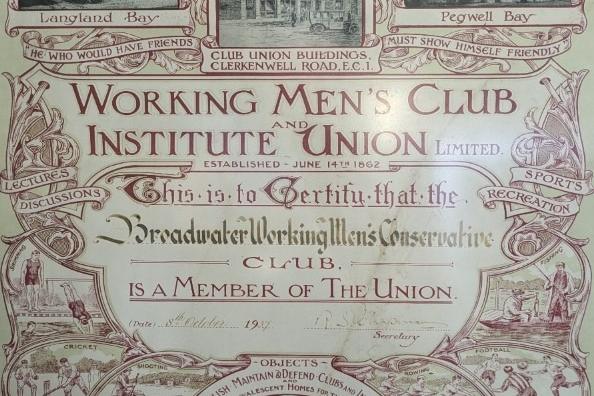 Broadwater WMCC certificate of affiliation to the Working Men's Club and Institute Union (CIU) in 1937