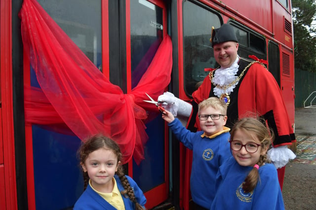 Hastings Mayor James Bacon helped pupils celebrate the arrival of the bus