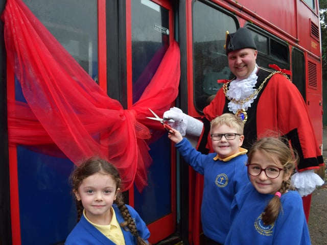 Hastings Mayor James Bacon helped pupils celebrate the arrival of the bus