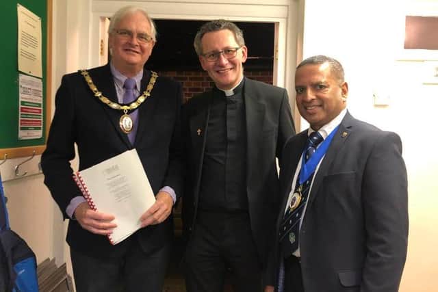 Haywards Heath town mayor Howard Mundin with Rev David John King and WSCC vice chairman Sujan Wickremaratchi