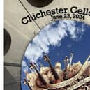 Cello Day poster. Image looking up at the sky to see a heavenly cloud of musical instruments