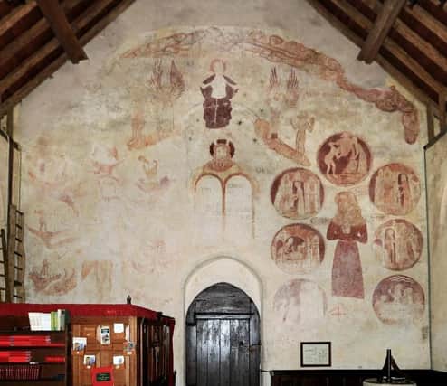 Nave, west wall Last Judgement painting (c. 1380-90) measures 8.19m W (max) x 6.4m H.
