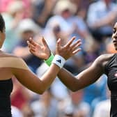US player Coco Gauff (R) shakes hands with Britain's Jodie Burrage after winning their women's singles round of 16 tennis match at the Rothesay Eastbourne International tennis tournament in Eastbourne | Photo by GLYN KIRK/AFP via Getty Images