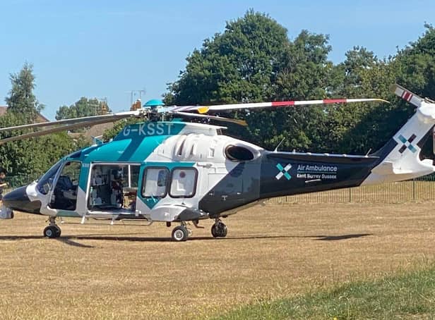 A helicopter from Air Ambulance Charity Kent Surrey Sussex (KSS) was pictured on the Worthing Road Recreation Ground around 11am.