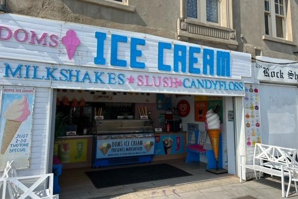 Dom's Ice Cream, at Sturdee Place, at the end of George Street, is a local treasure which has been selling ice cream on Hastings seafront since 1935. It is famous for its original two-tone cone ice cream.
