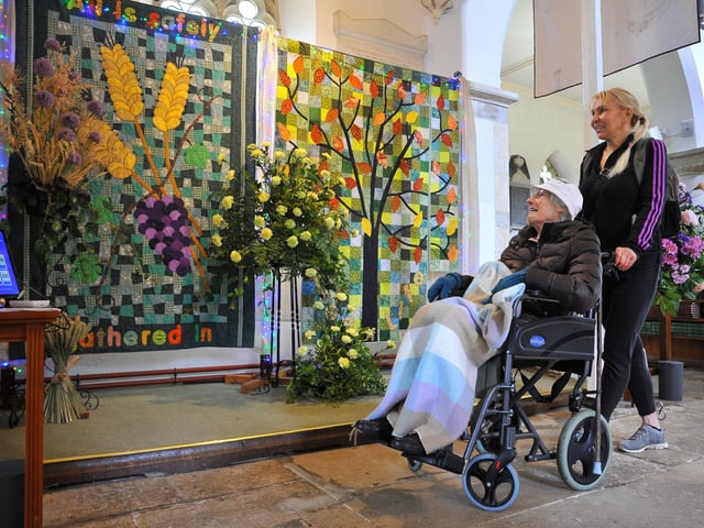 To celebrate the Queen's Jubilee a Flower and Quilt show in St Mary's Church with flower arrangements by Worthing Flower Club and quilted banners by Chris Diebel. Pic S Robards SR2206021